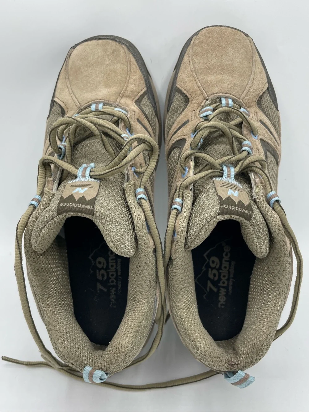 New Balance 759 Country Trail Walking Taupe Suede Athletic Sneakers Blue Trim
